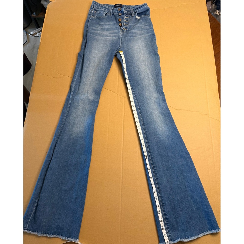 YMI Jeans Womens 5/27 High Rise Button Fly Flare Raw Hem Denim Blue Jeans